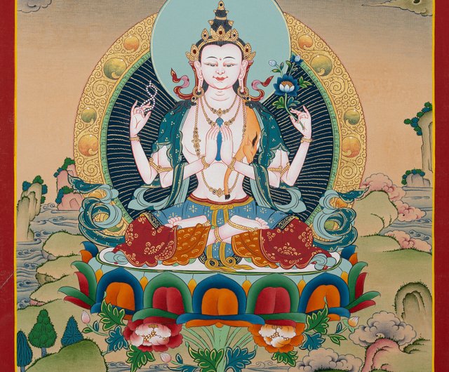 絹キャンバスのチベットのタンカ絵画、四腕の観音像、ホーム