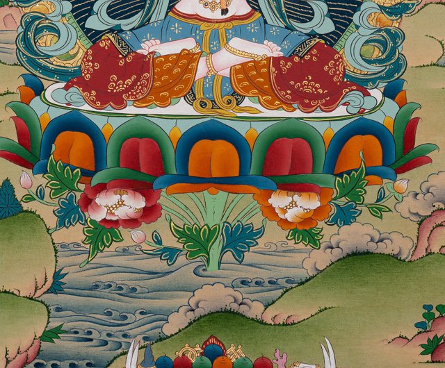 仏教美術 チベットタンカ 四臂観音像 絹本彩色 肉筆 仏画 タンカ 額装