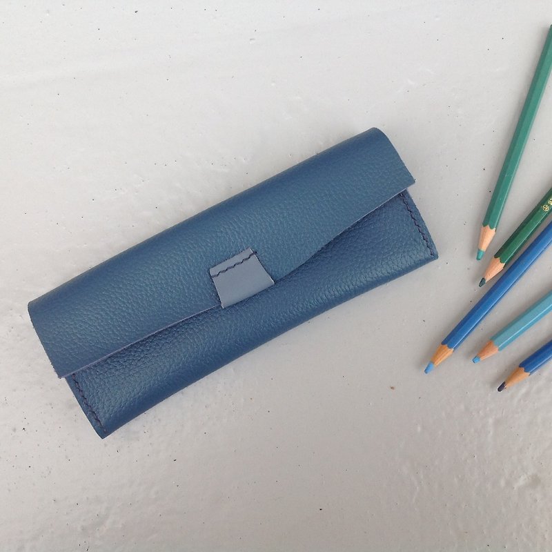 Pencil case, pen bag, pen holder, hand-stitched, leather [skin leather] blue - Pencil Cases - Genuine Leather Blue