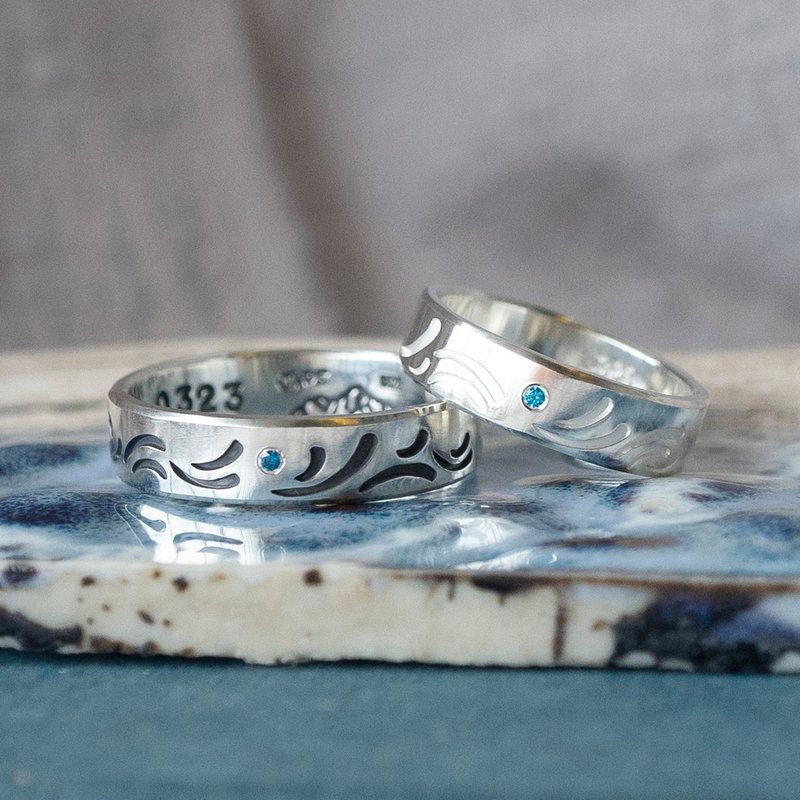 海浪圖騰【衝浪】水滴歐洲鑲鋯石 925銀手工小寬戒 客製對戒 - 戒指 - 純銀 銀色