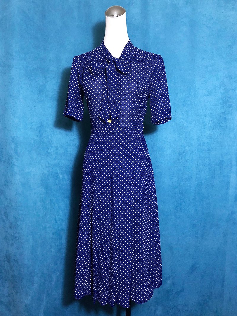 Little bow tie short-sleeved vintage dress / brought back to VINTAGE abroad - ชุดเดรส - เส้นใยสังเคราะห์ สีน้ำเงิน