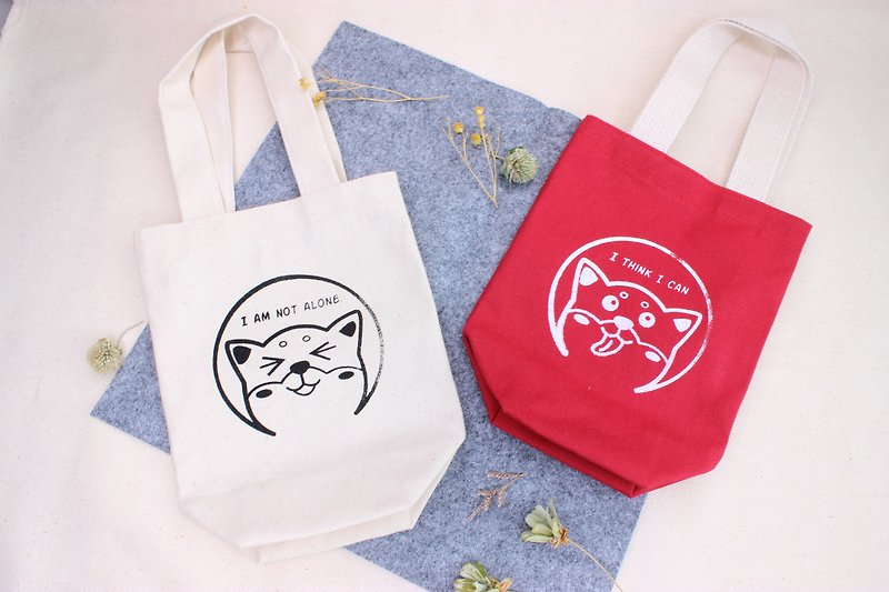 Shiba inu love murmur 绢 printed eco-friendly beverage bag tote bag - ถุงใส่กระติกนำ้ - ผ้าฝ้าย/ผ้าลินิน หลากหลายสี