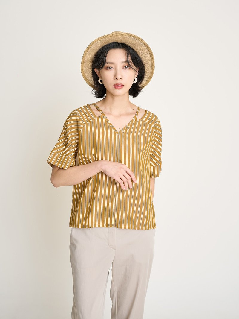百葉小天窗條紋上衣-葉茶 - 女 T 恤 - 其他人造纖維 卡其色