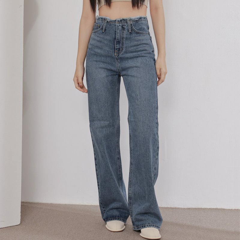 Uncut waistband - wide denim pants - blue - กางเกงขายาว - ผ้าฝ้าย/ผ้าลินิน สีน้ำเงิน