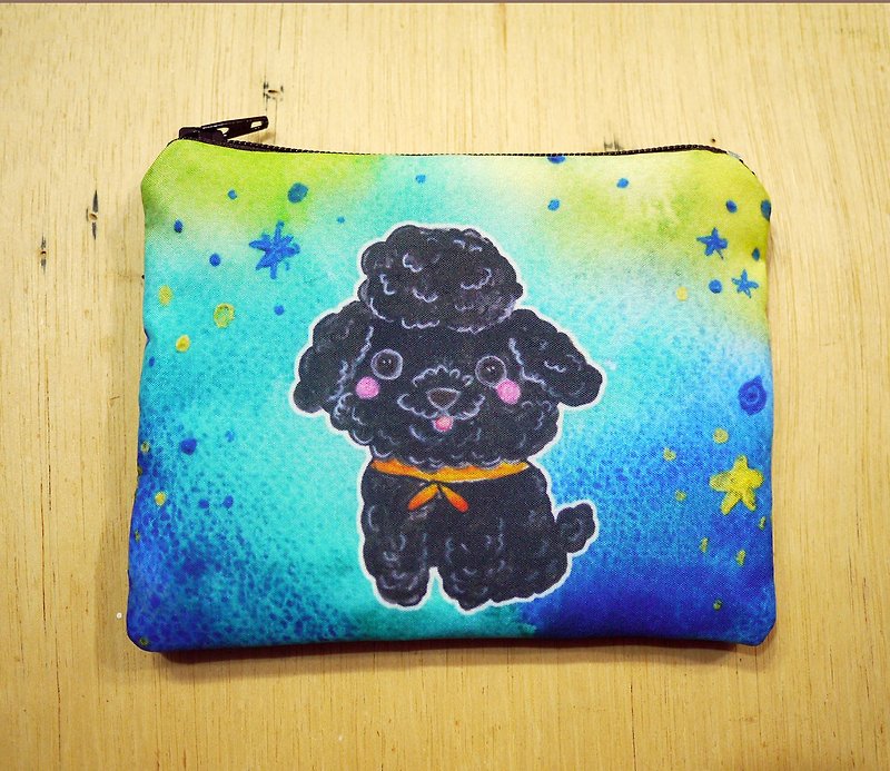 Customizable handwritten name hand-painted rendering watercolor style pattern black VIP poodle key case coin purse card case - กระเป๋าใส่เหรียญ - วัสดุอื่นๆ สีดำ