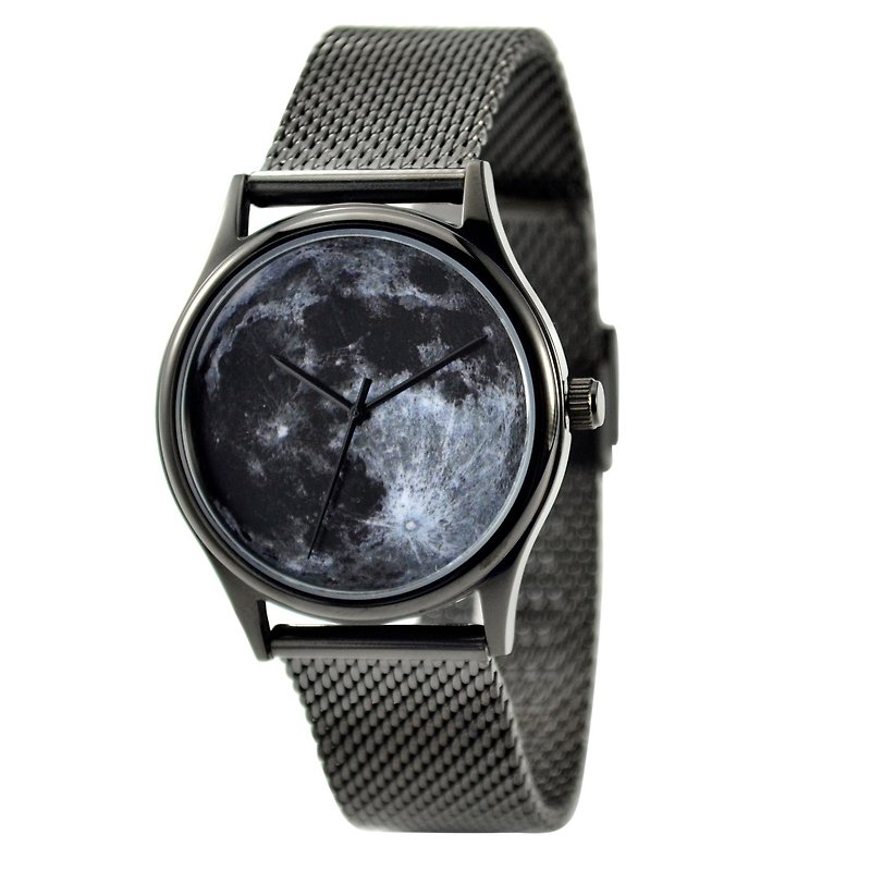Moon Watch Black with Mesh Metal Band - Unisex - Free shipping - นาฬิกาผู้ชาย - โลหะ สีดำ
