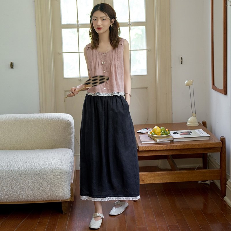 Navy blue lace straight skirt|skirt|summer style|Sora-1542 - กระโปรง - ลินิน 