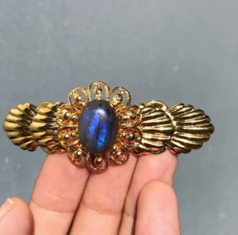 [Lost and find] Antique Natural Labradorite Copper Hair Clip - Hair Accessories - Gemstone Blue