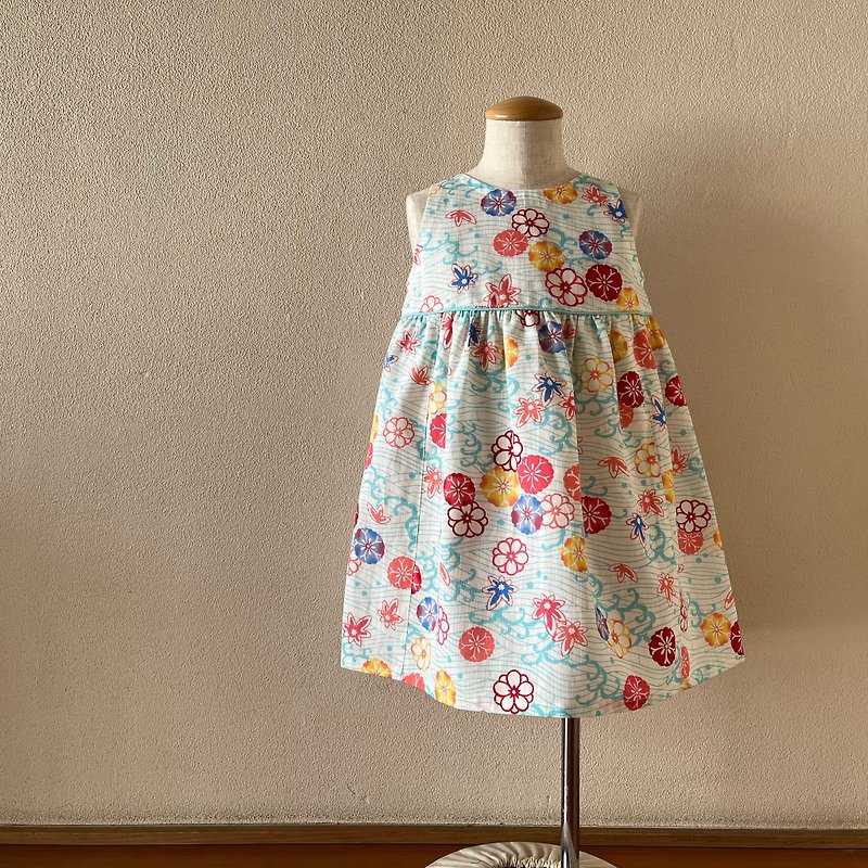 Children's Yukata-style modest flared dress, Genji Monogatari Bingata style, cream ground, 80-130 size, made to order - Skirts - Cotton & Hemp Blue
