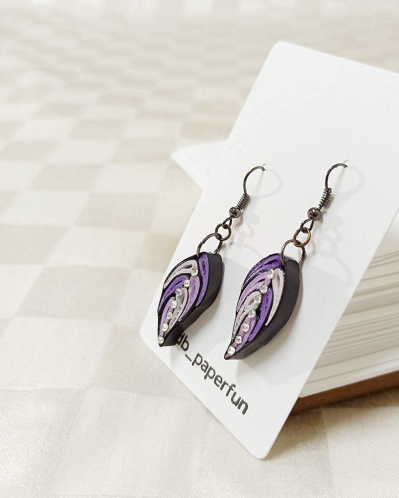 衍紙工藝耳環－脈絡 quillingart earrings-leaf veins purple - 耳環/耳夾 - 紙 紫色