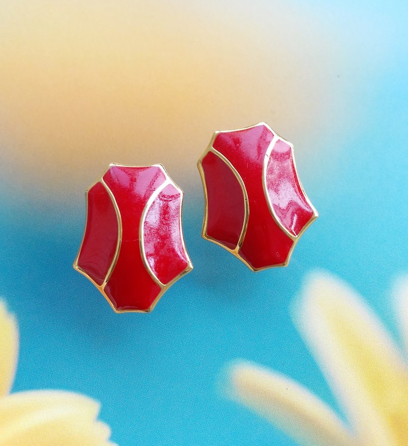 Vintage Jewelry 西洋古董飾品 MONET 簡約 紅琺瑯 針式耳環 - 耳環/耳夾/耳骨夾 - 其他金屬 透明