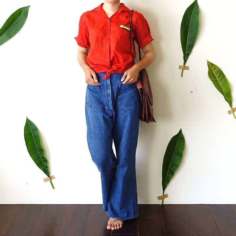 BajuTua /古著/ 70's 大紅色中性休閒襯衫 - 女襯衫 - 棉．麻 紅色