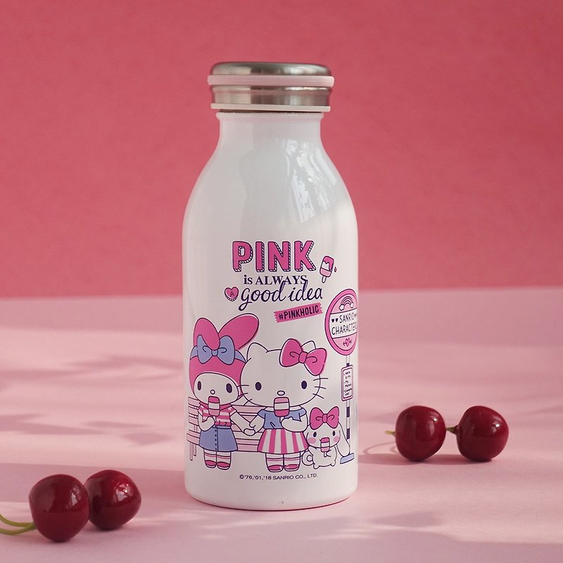 Sanrio authorized Midsummer Good Friends long-lasting thermal insulation Stainless Steel milk bottle 350ml free cup holder - Vacuum Flasks - Stainless Steel White