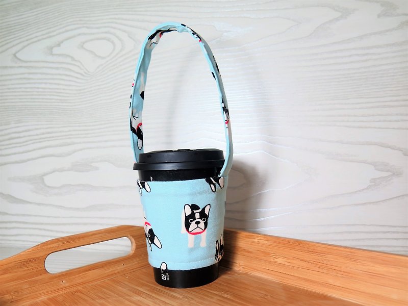 Bulldog dog (light blue) / green drink cup cover. Bag. "Plastic-plastic policy new measures." Environmental protection cloth durable - ถุงใส่กระติกนำ้ - ผ้าฝ้าย/ผ้าลินิน สีน้ำเงิน