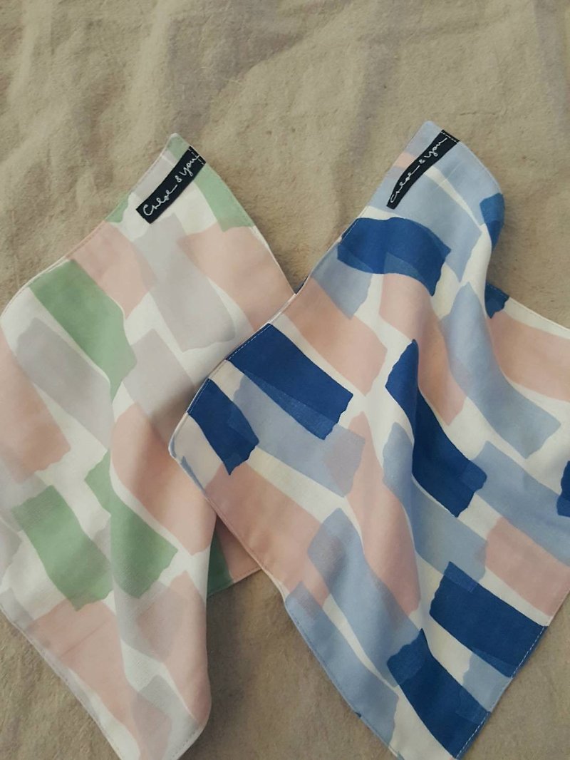 Double yarn handkerchief (color block) gray / green / powder left last 2 - ผ้าเช็ดหน้า - ผ้าฝ้าย/ผ้าลินิน 