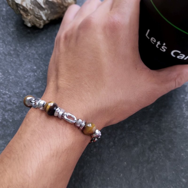 隱曜。虎眼石白鋼中性款男款  手工訂製手鍊 - 手鍊/手環 - 不鏽鋼 金色