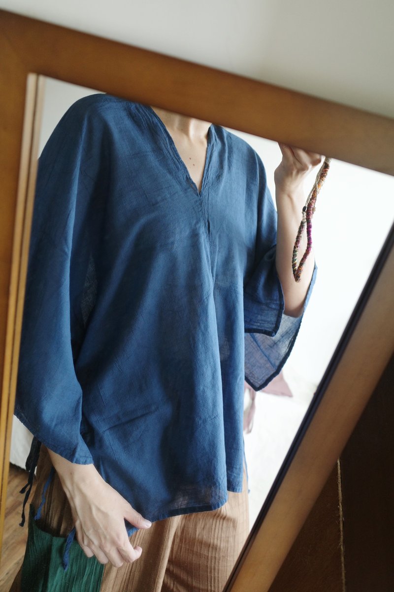 泰國純棉側邊綁帶寬袖上衣 藍色 - 女上衣/長袖上衣 - 棉．麻 