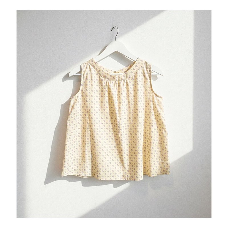 ロングノースリーブトップス、バックリボン、黄色、紫の花柄 - トップス - コットン・麻 イエロー