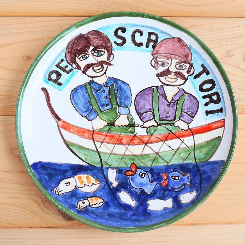 絵皿 20cm マヨリカ焼き イタリア陶器　漁師　職人　魚　コウイカ - 盤子/餐盤/盤架 - 陶 藍色