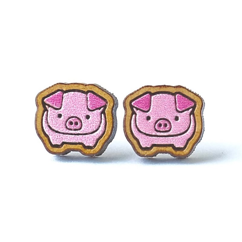 Painted wood earrings-Little Pig - ต่างหู - ไม้ สึชมพู