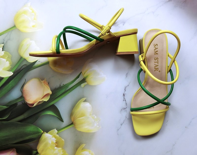 Genuine leather strappy block heel sandals in green and yellow
