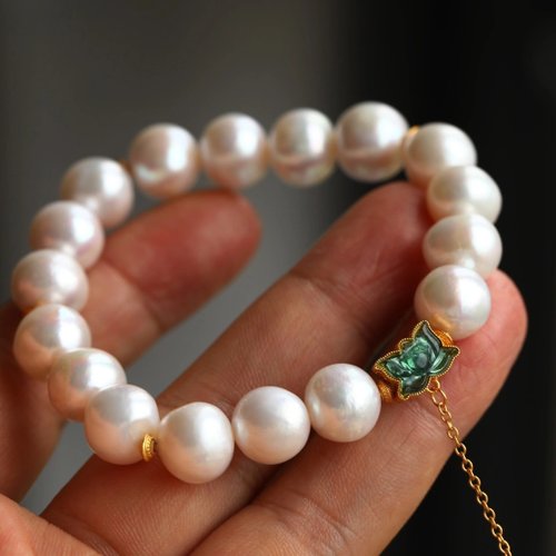 Angel's tears 天使之淚 Jewelry Design 10mm天然原色淡水珍珠 純銀鑲嵌碧璽蓮花 珍珠小墜設計單圈手串s