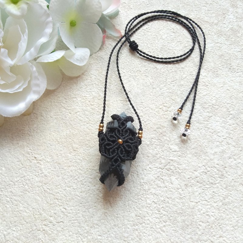 Mandala. Snowflake obsidian. Double pointed crystal column. South American Brazilian Wax thread braided necklace - Necklaces - Semi-Precious Stones Black