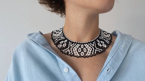 Irina Haluschak Black and white beaded necklace Ukraine seed bead jewelry Lesia Ukrainka style