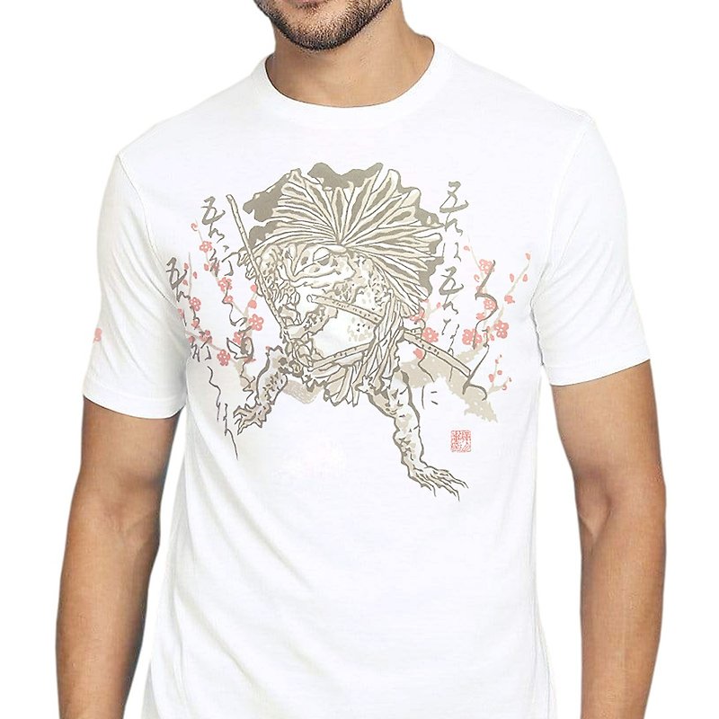 日本製アートTシャツ 侍 蛙  綿100% ユニセックス 白 - 女 T 恤 - 棉．麻 白色
