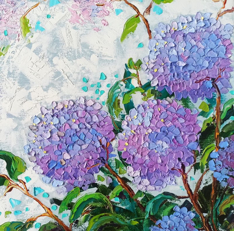 Hydrangea Painting Flowers Original Art Impasto Oil Painting on Canvas 40x40cm - 海報/掛畫/掛布 - 其他材質 多色