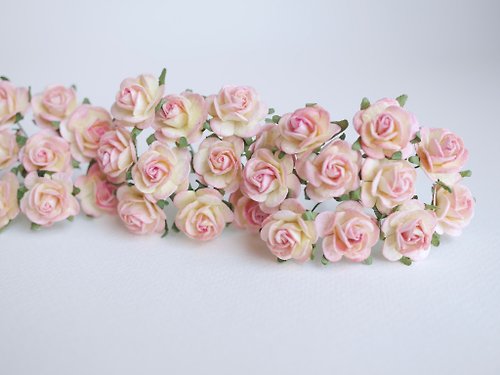 makemefrompaper Paper Flower, 50 pcs., DIY mulberry rose size 2 cm., ivory brush pink color.