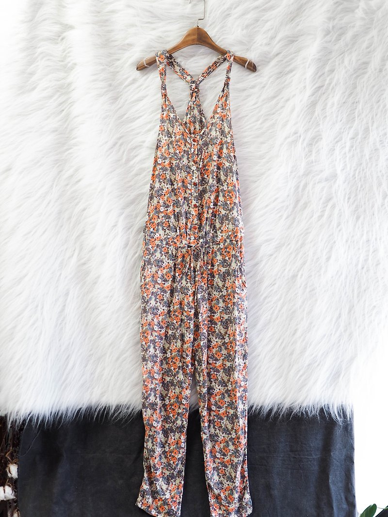 徳岛碎花布Spring romantic log time antique cotton drawstring jumpsuit vintage - Overalls & Jumpsuits - Cotton & Hemp Orange