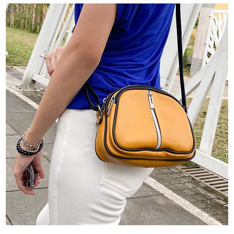 Trendy Multilayer Zip Leather Soft Bag - กระเป๋าแมสเซนเจอร์ - หนังแท้ สีเหลือง