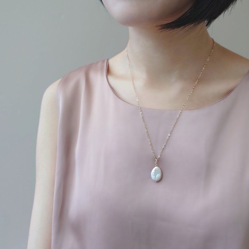 Baroque Freshwater Pearl Flat Teardrop 14Kgf Necklace | Custom Length - Long Necklaces - Pearl White