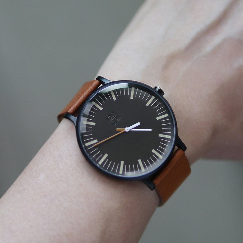 JAZZ 3847 時光協奏曲極簡設計概念皮革手錶 - 深棕 - 男錶/中性錶 - 真皮 咖啡色