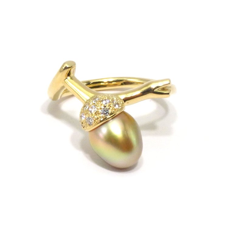 18K yellow gold Golden south sea keshi pearl ring　Acorn - แหวนทั่วไป - ไข่มุก 