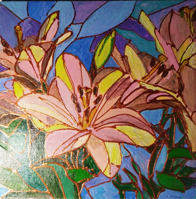 黄色百合花小油画 - 壁貼/牆壁裝飾 - 紙 粉紅色