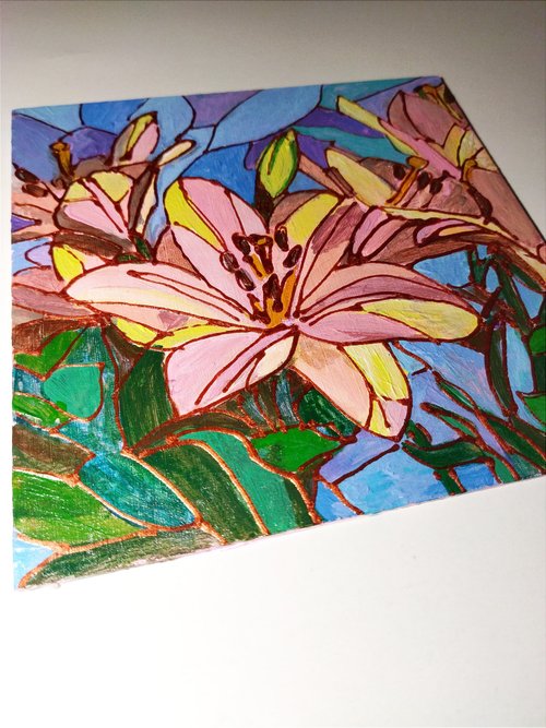 黄色いユリの花小さな油絵 - ショップ paintingsKateArt