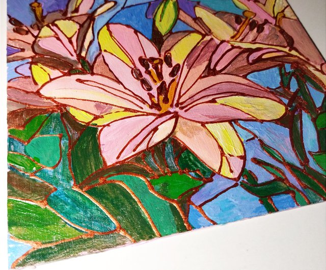 黄色いユリの花小さな油絵 - ショップ paintingsKateArt