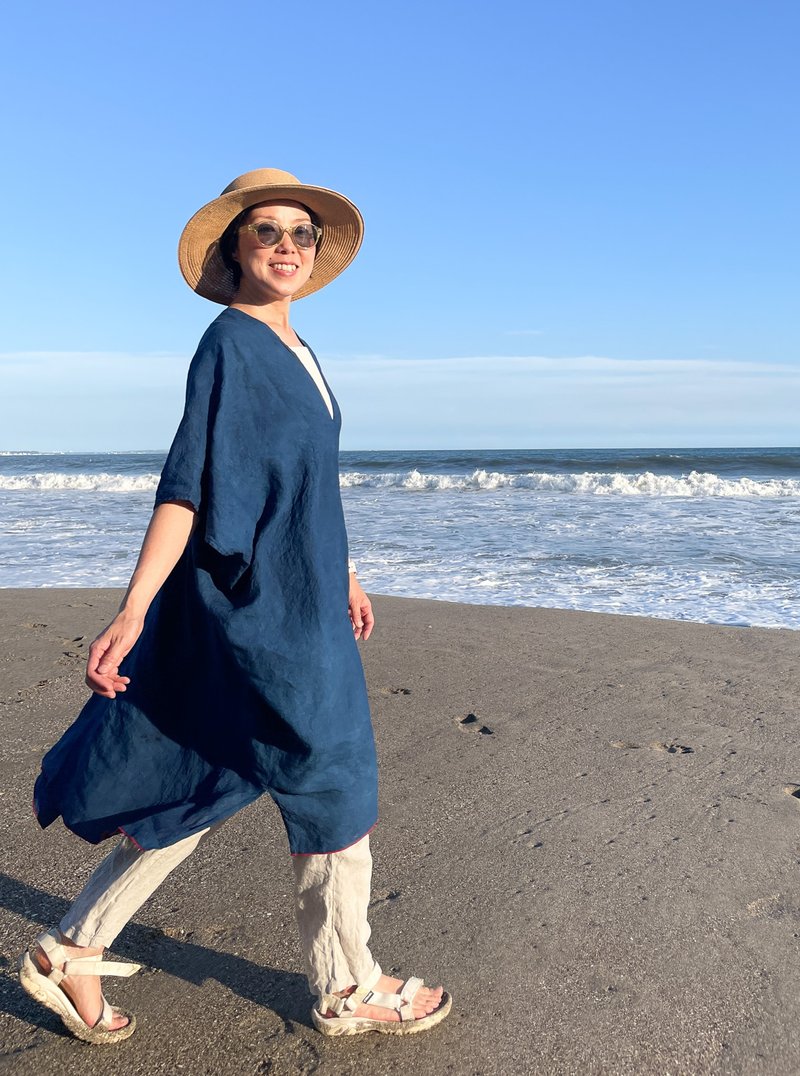 さらりとした着心地のフレンチリネンの藍染ポンチョドレス  Poncho Dress JAPANBLUE Aizome French Linen - 洋裝/連身裙 - 棉．麻 藍色