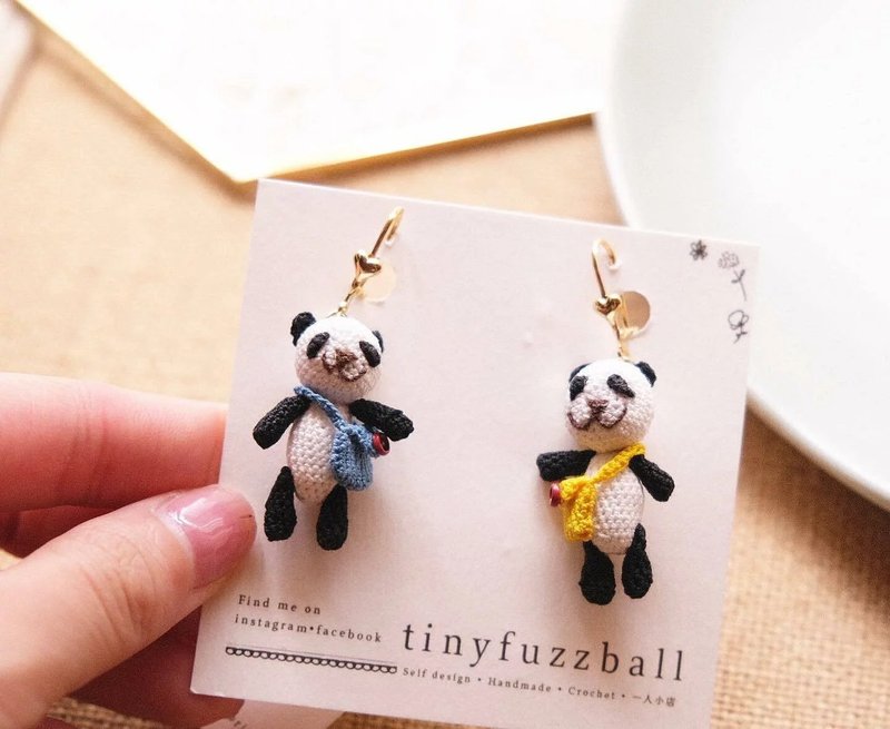 鈎針編織編織 熊貓耳環 - 耳環/耳夾/耳骨夾 - 棉．麻 