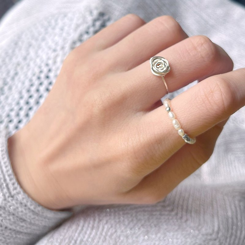天然米粒珍珠925純銀彈性戒指 - 戒指 - 寶石 白色