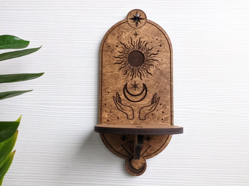 Small wooden sun and moon shelf display for magic things - Items for Display - Wood Brown