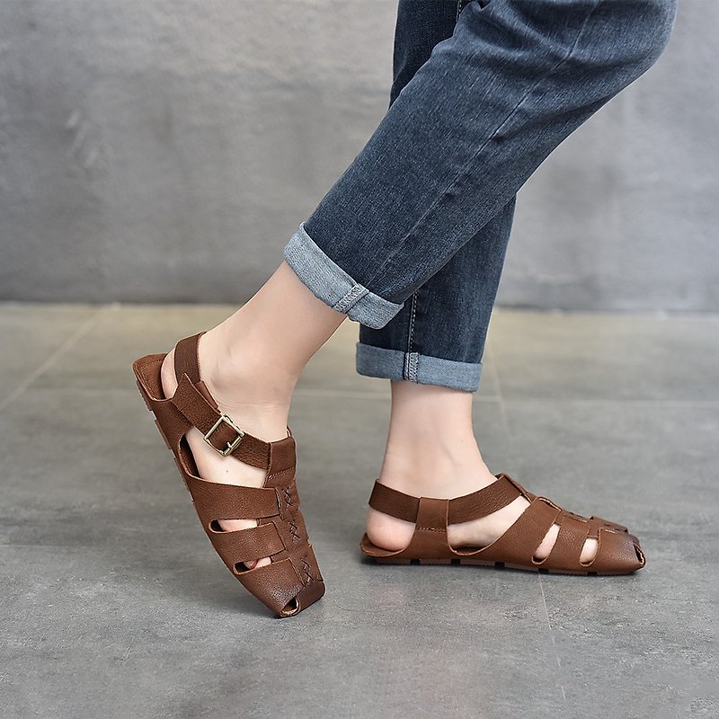 Fishbone Braided Flat Sandals Square Toe Flat Buckle Baotoe Women's Shoes - Sandals - Genuine Leather Brown