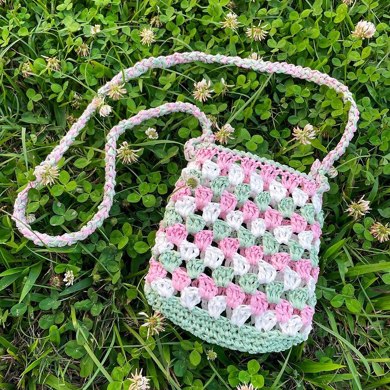 鉤針編織鏤空側背包 手機包 - 粉紅薄荷 - 側背包/斜背包 - 環保材質 多色