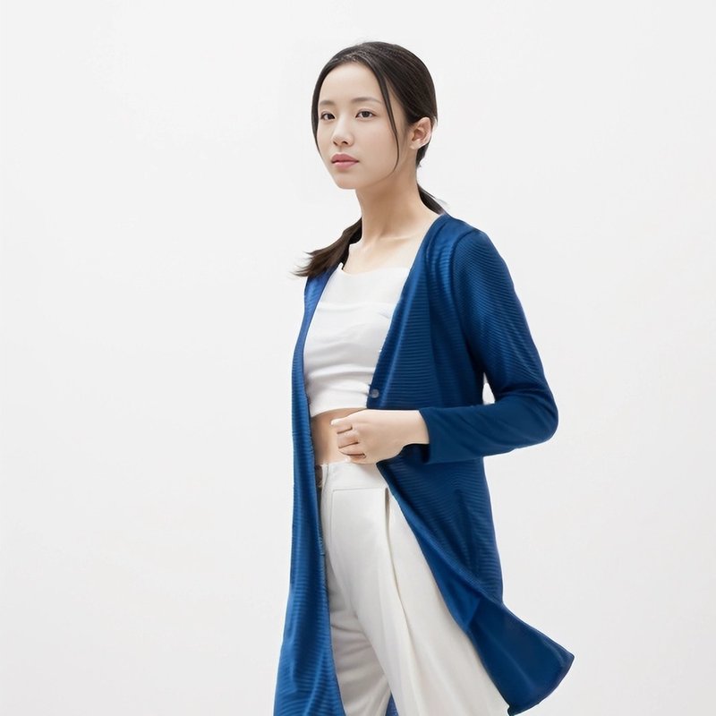 【秋冬新時尚】水潤白抗UV保濕長版外套-海湛藍 UV外套 涼感 防曬 - 女大衣/外套 - 其他材質 藍色