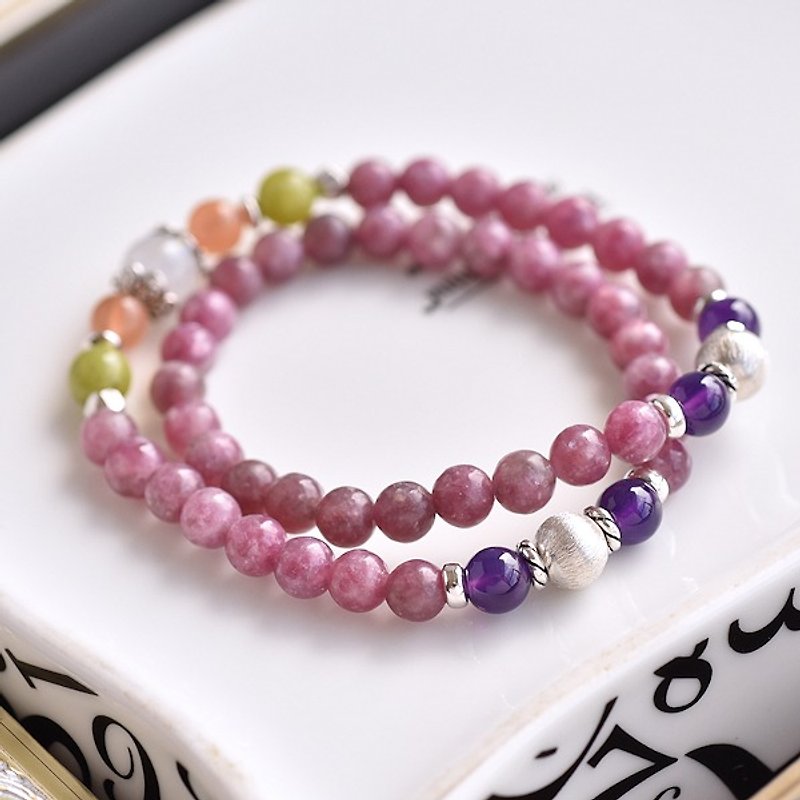 Lithium Mica + Moonstone + Orange Sun Stone Sterling Silver Double Ring Bracelet - Bracelets - Gemstone Purple