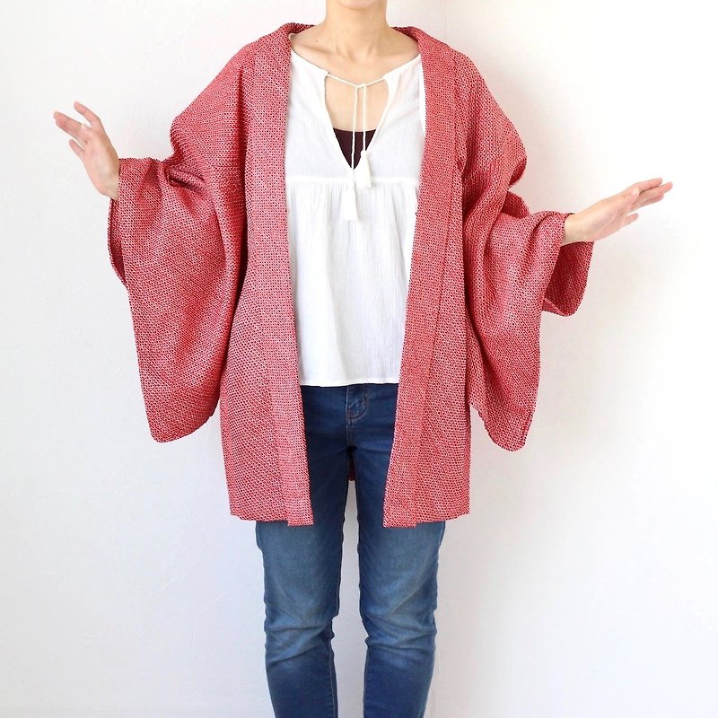shibori kimono, red jacket, authentic kimono, Japanese shibori /2631 - 外套/大衣 - 絲．絹 紅色