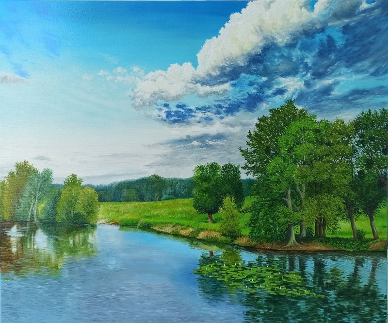 River Painting Original Oil River Landscape Summer Morning Artwork Sky Painting - 海報/掛畫/掛布 - 棉．麻 多色