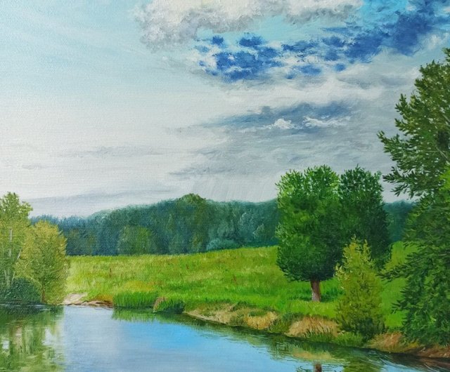【SALE／55%OFF】 絵画 （川の絵オリジナル油川風景夏の 0号 川の風景 手書き油絵 絵画